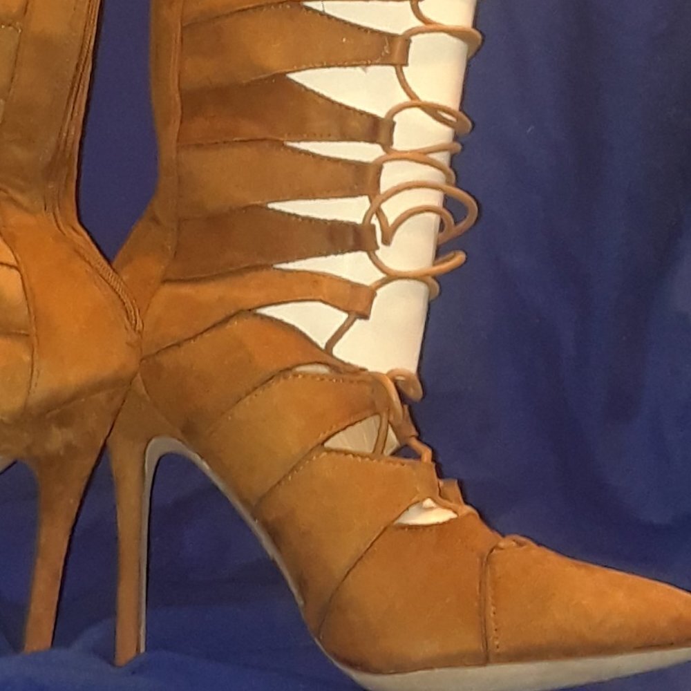 Tan Suede Lace Up Thigh High Boots Faux Suede - Picture 7 of 7